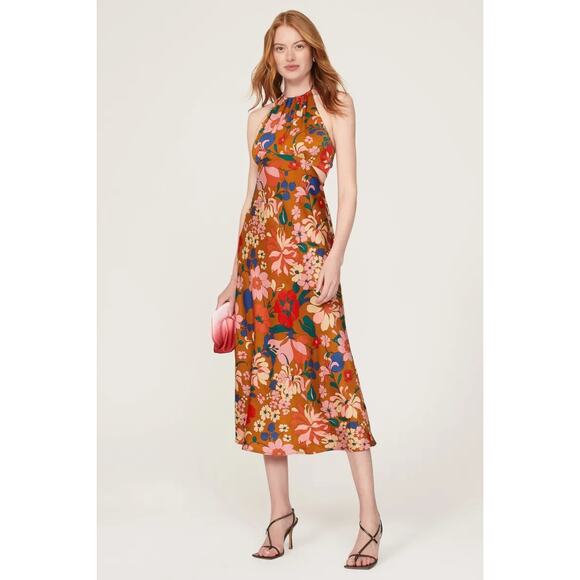 ASTR Talitha Rust Floral Print Halter High Neck Tie Back Cocktail Midi Dress M - Picture 1 of 14